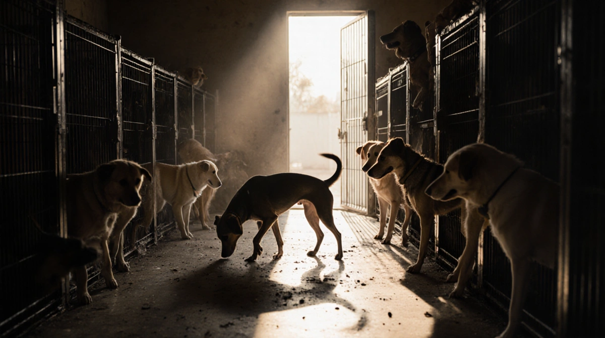 40 rescued dogs wagging weakly with warm light spilling through an empty cage door to a brighter outside.