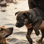 Rescuer lifting mud-covered puppy from floodwater with mother dog watching and debris floating nearby