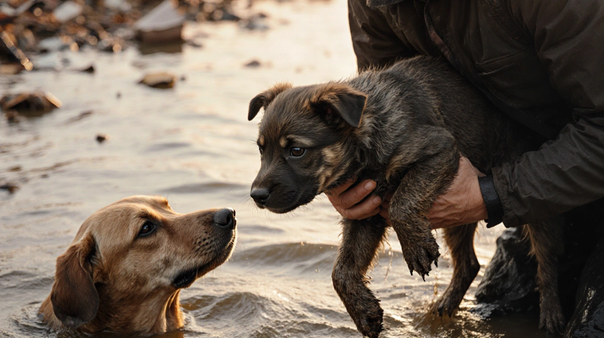 Rescuer lifting mud-covered puppy from floodwater with mother dog watching and debris floating nearby