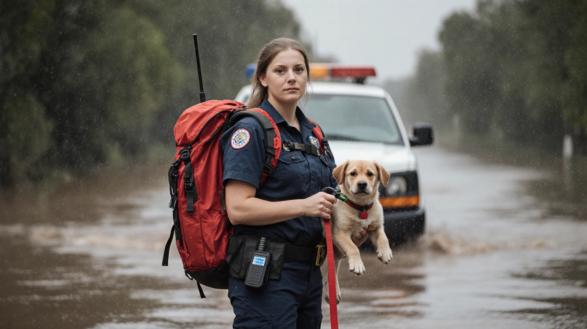 Rescuer Stevie Lynn Lewis stands with rescue backpack and puppy on leash near floodwaters showing determination