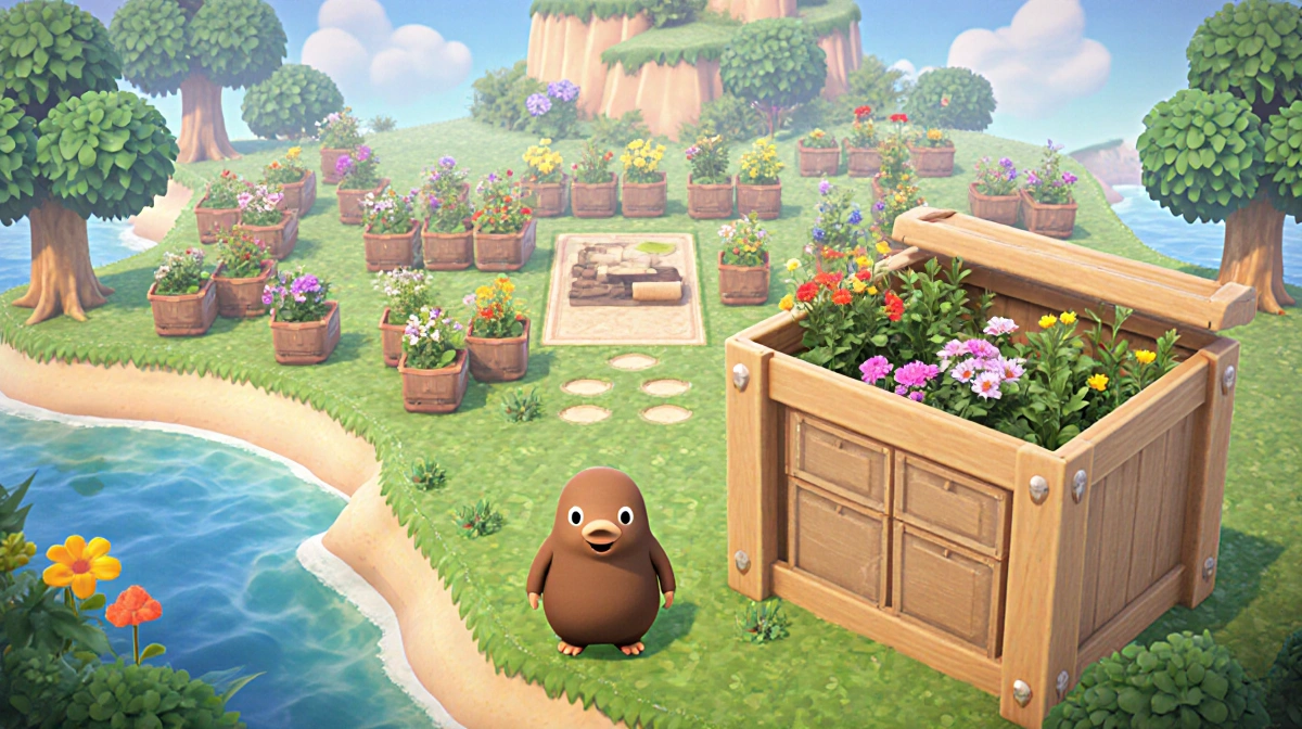 Resetti the mole stands before tidy island storage boxes with organized plants and flowers filling the new 9000-slot home sto