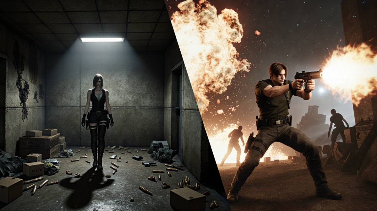 Grace solving a puzzle with scattered items and limited ammo in dim room while Leon fights enemies with explosions and ammo