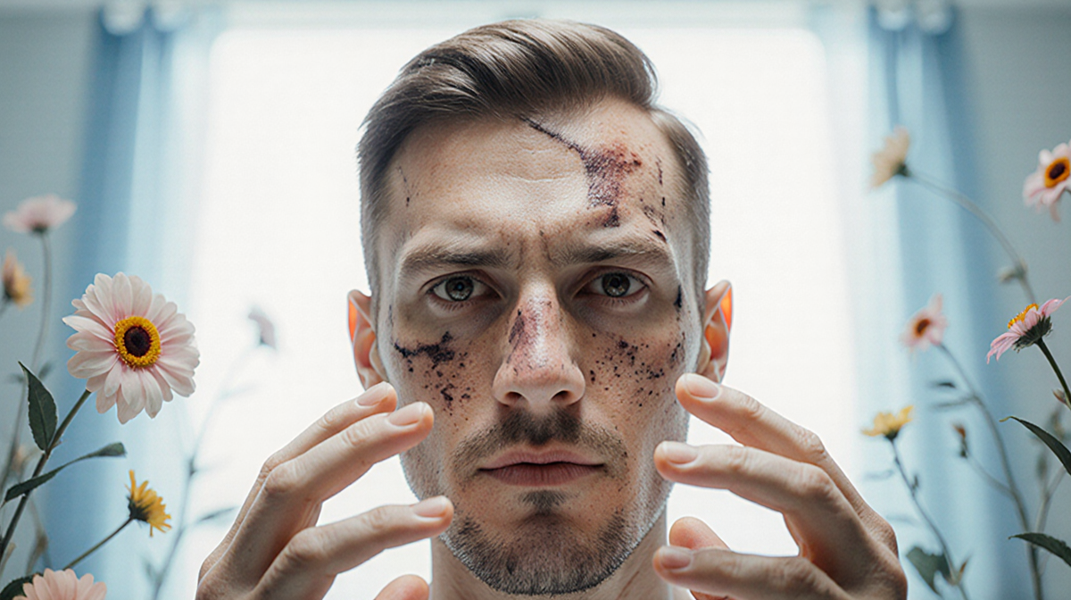 TikToker gazing at camera with scarred skin and hopeful eyes in a hospital room backdrop