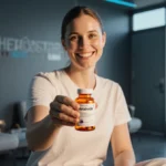 Smiling person holding orange Retatrutide bottle with warm light in a futuristic healthcare clinic for weight loss