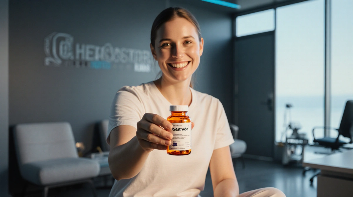Smiling person holding orange Retatrutide bottle with warm light in a futuristic healthcare clinic for weight loss
