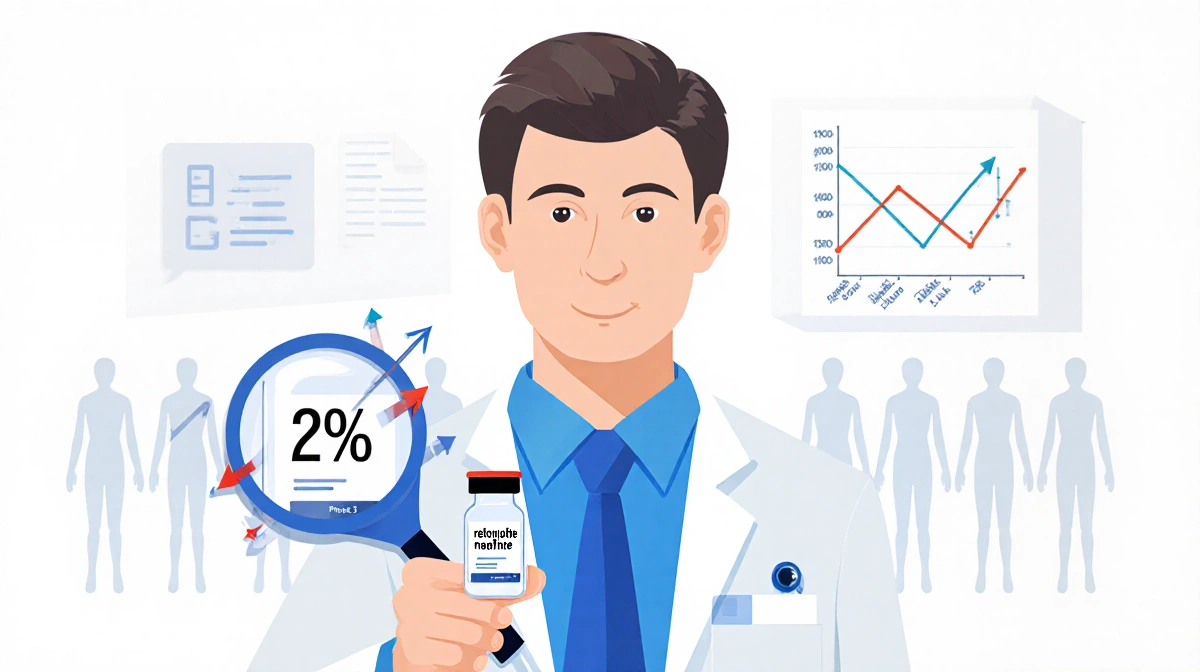 Dr. McGowan holding vial of retatrutide injection with magnifying glass and clinical trial weight loss chart 29 percent.