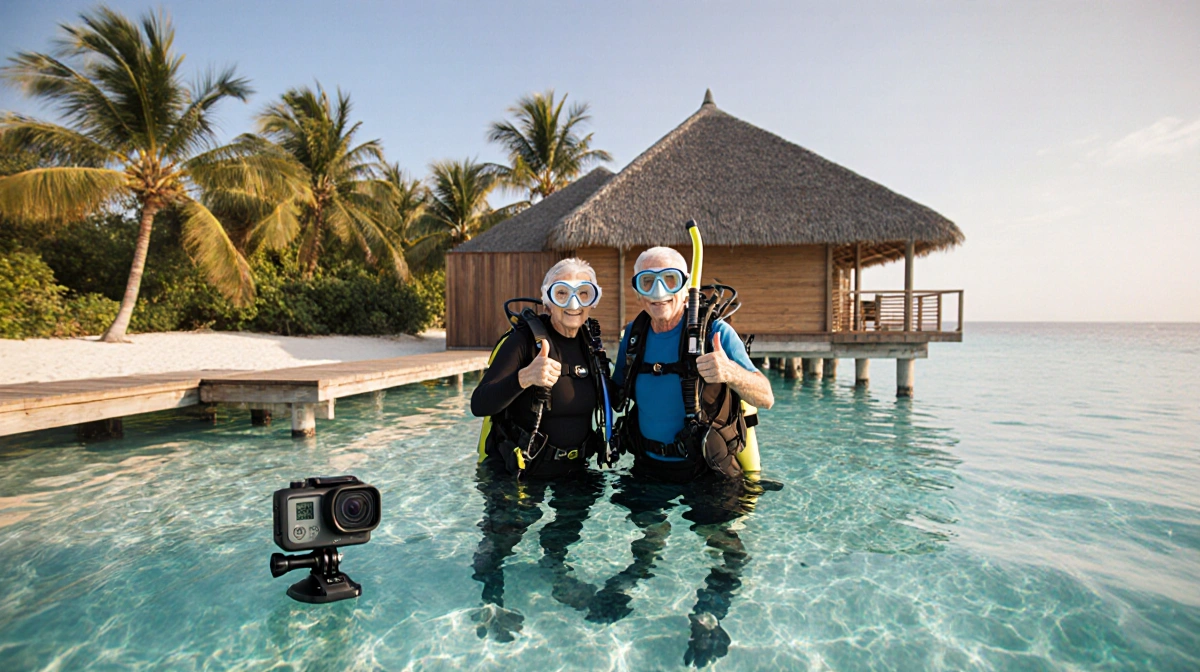 Retired couple wearing scuba gear giving thumbs up with beachside hut and turquoise lagoon behind