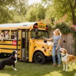 Happy dogs riding retro school bus with woman petting dog and park with flowers behind