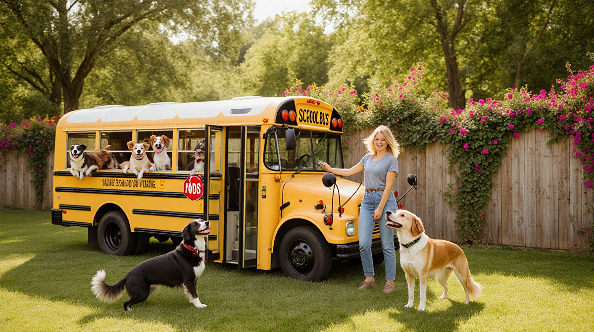 Happy dogs riding retro school bus with woman petting dog and park with flowers behind