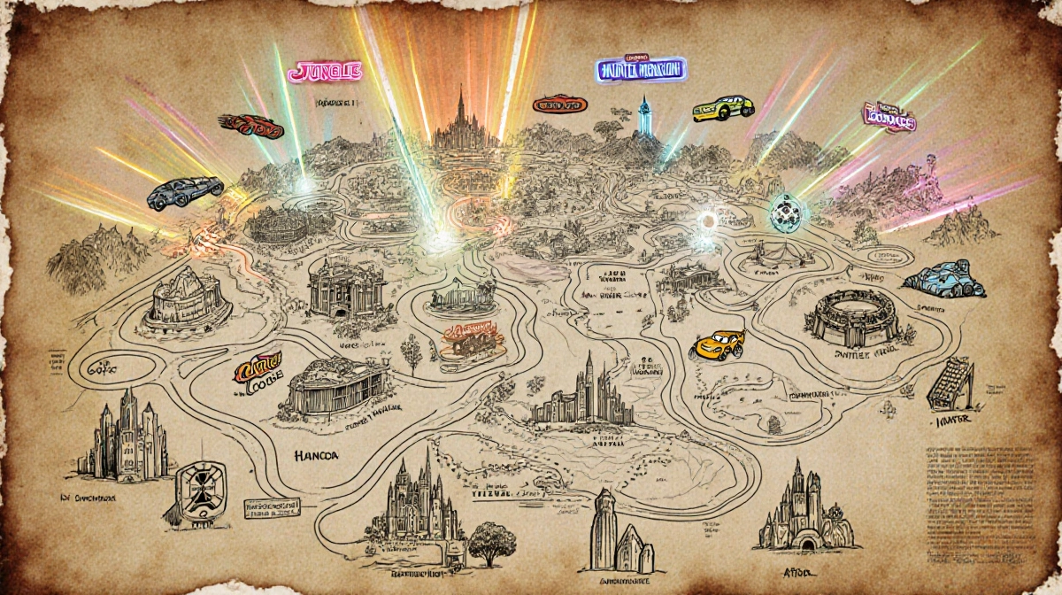Vintage park map shows Jungle Cruise and Haunted Mansion with distant glowing franchise strips fading into background