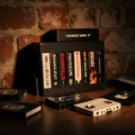 Retro VHS rack holds 28 Days Later and Resident Evil tapes with scattered DVDs and cassettes against brick wall