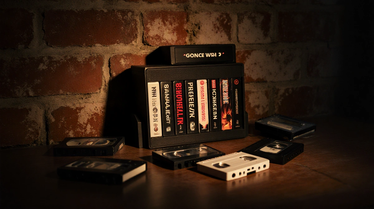 Retro VHS rack holds 28 Days Later and Resident Evil tapes with scattered DVDs and cassettes against brick wall