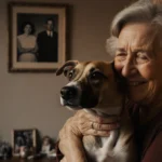 Woman hugging her gaunt microchipped dog with tears of joy and faded family photo in warm sunset light