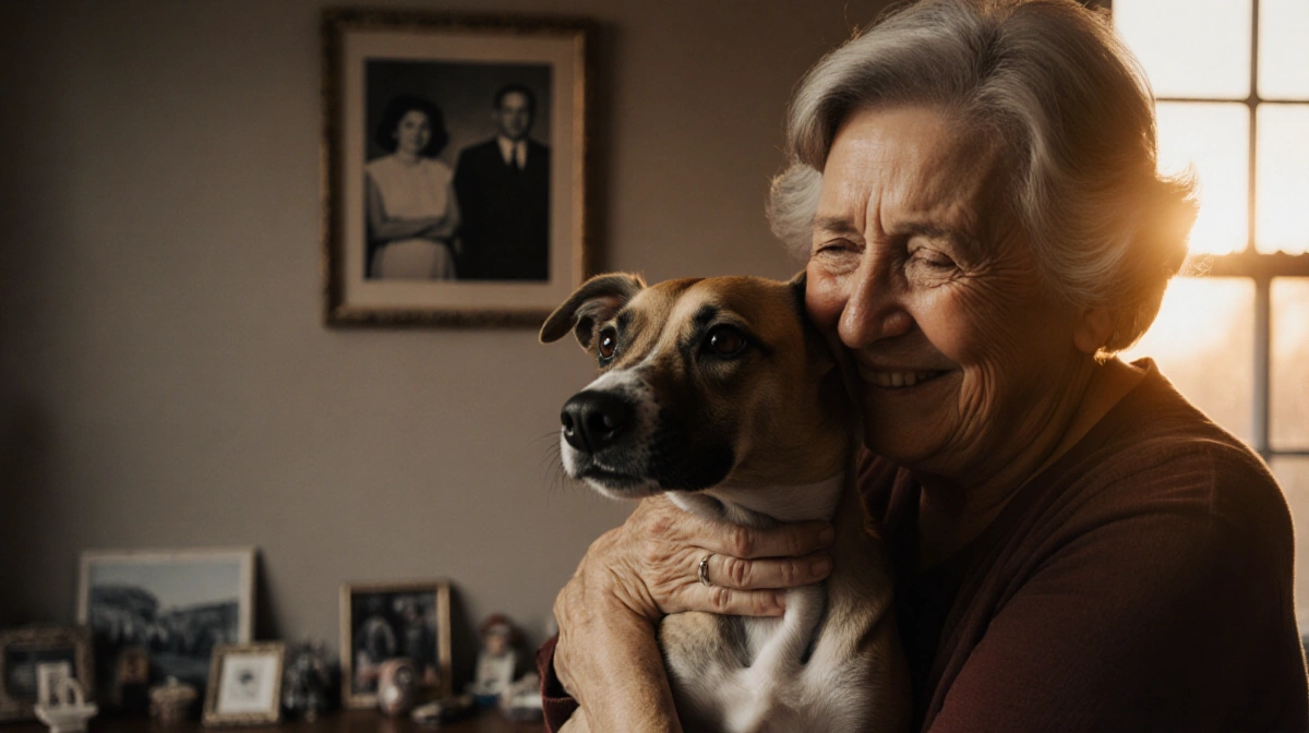 Woman hugging her gaunt microchipped dog with tears of joy and faded family photo in warm sunset light