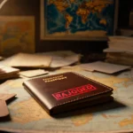 Revoked passport lies on cluttered desk with red stamp and travel documents showing canceled plans