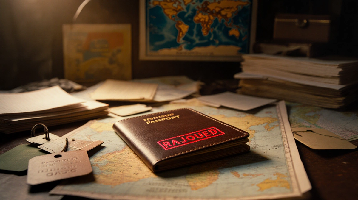 Revoked passport lies on cluttered desk with red stamp and travel documents showing canceled plans