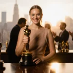 Rhea Seehorn holds her golden award with tears of joy while city skyline glows behind her