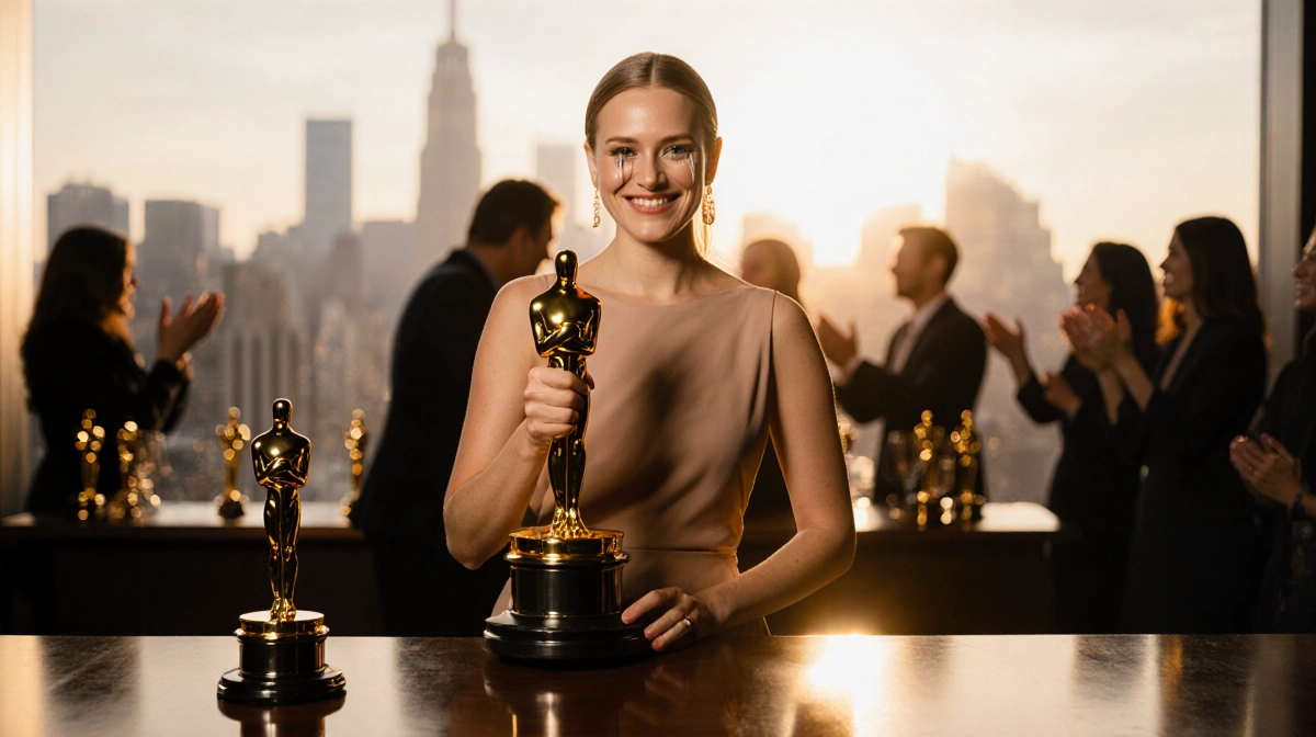 Rhea Seehorn holds her golden award with tears of joy while city skyline glows behind her
