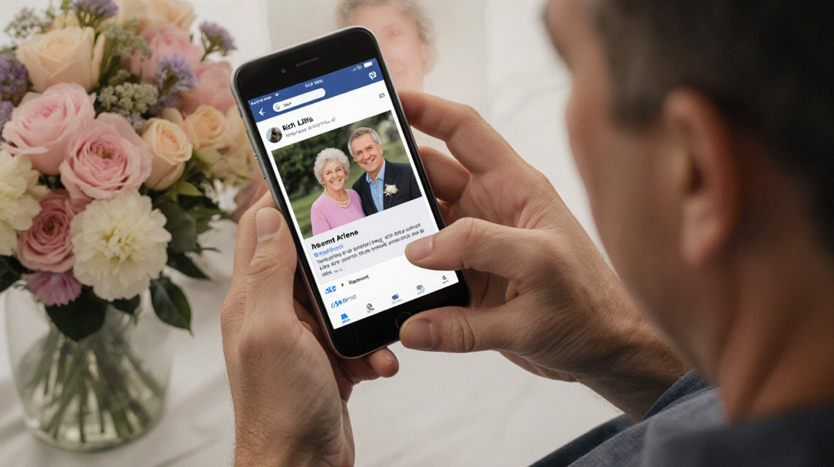 Rich Lillis holds phone showing Arlene tribute with ghostly image and flowers nearby
