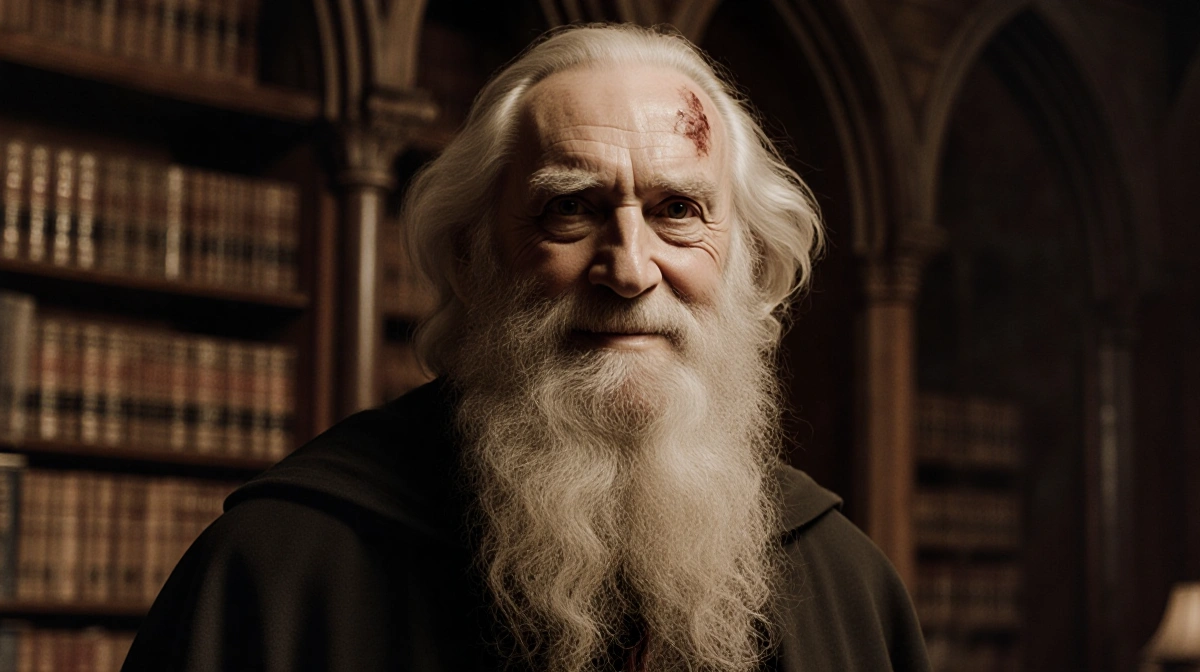 Richard Harris as Dumbledore gazes warmly with gentle smile and wise eyes against aged wood backdrop