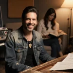 Richard Marx playing worn piano with vintage recording equipment and sheet music scattered nearby