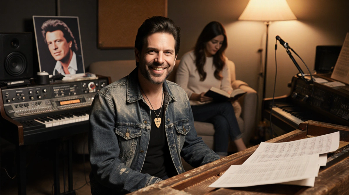 Richard Marx playing worn piano with vintage recording equipment and sheet music scattered nearby