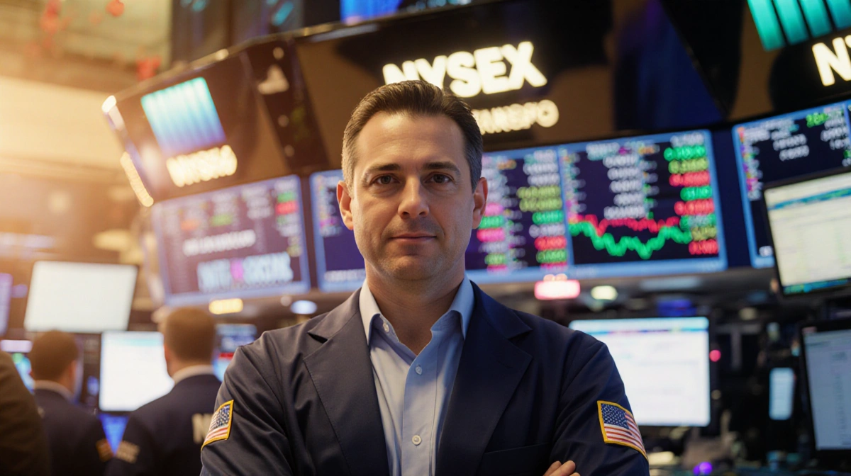 CEO Richard Ricci stands confidently before trading floor screens with golden lighting and financial data flowing