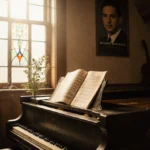 Old piano illuminated by warm stained glass light with Richard Smallwood poster partially hidden by greenery