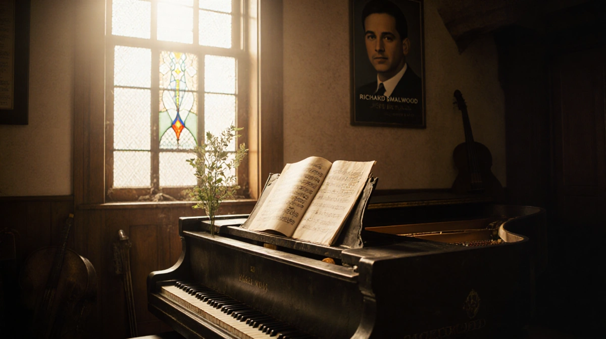 Old piano illuminated by warm stained glass light with Richard Smallwood poster partially hidden by greenery
