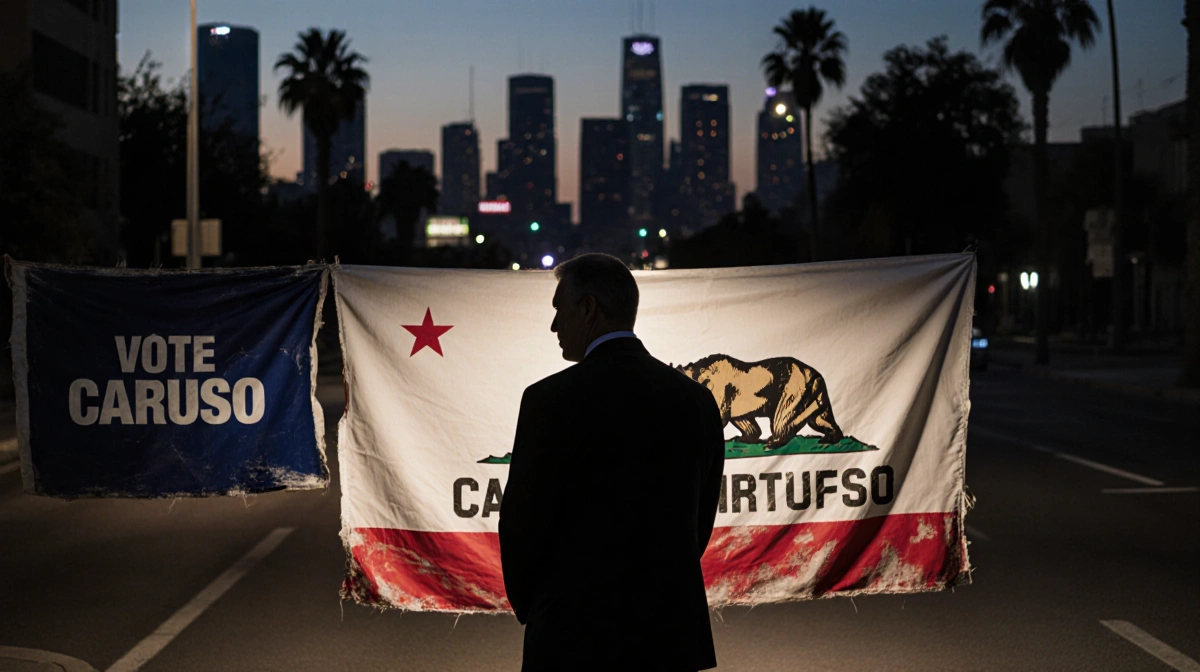 Rick Caruso stands alone with campaign banner and California flag behind him as city lights glow at dusk