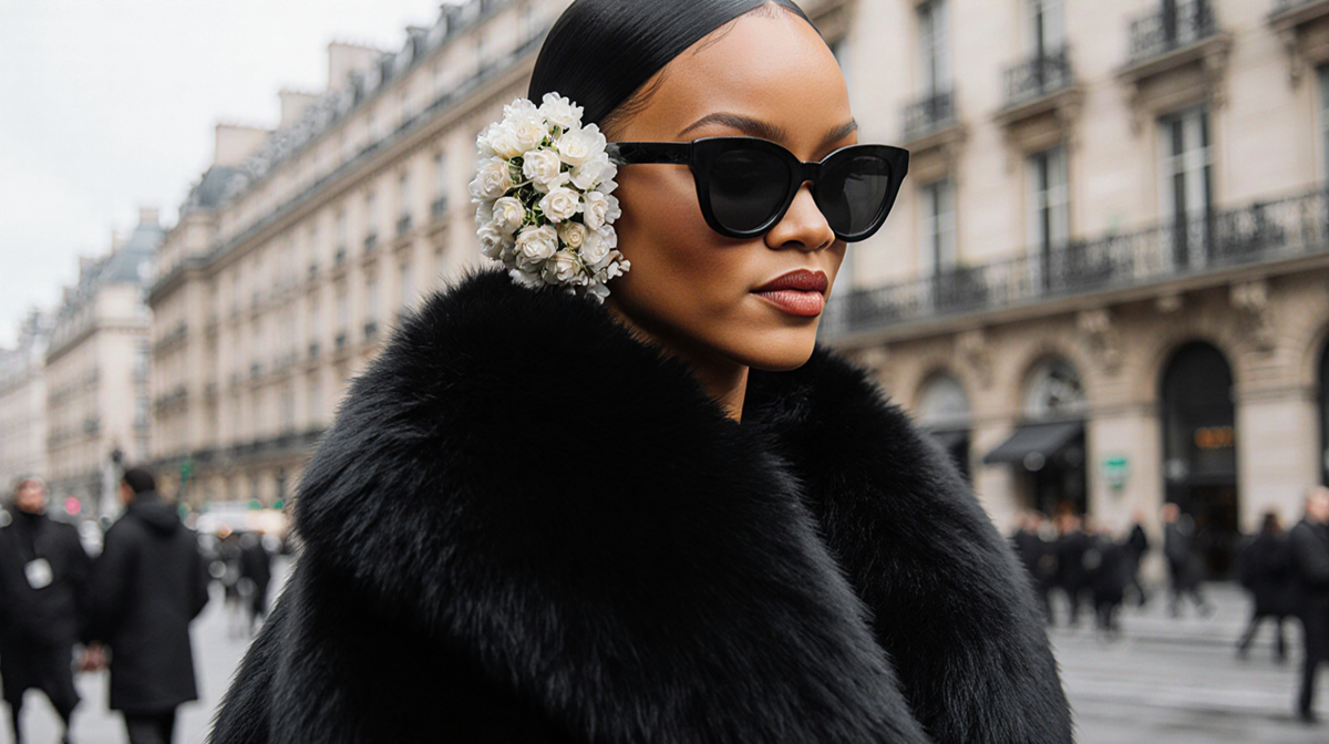 Rihanna wearing an oversized furry stole with flower earmuffs and dark shades in a Paris Fashion Week backdrop