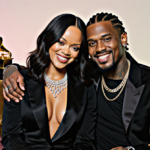 Rihanna sits on plush couch with A$AP Rocky arm around her and Grammy awards beside champagne bottles in pastel background