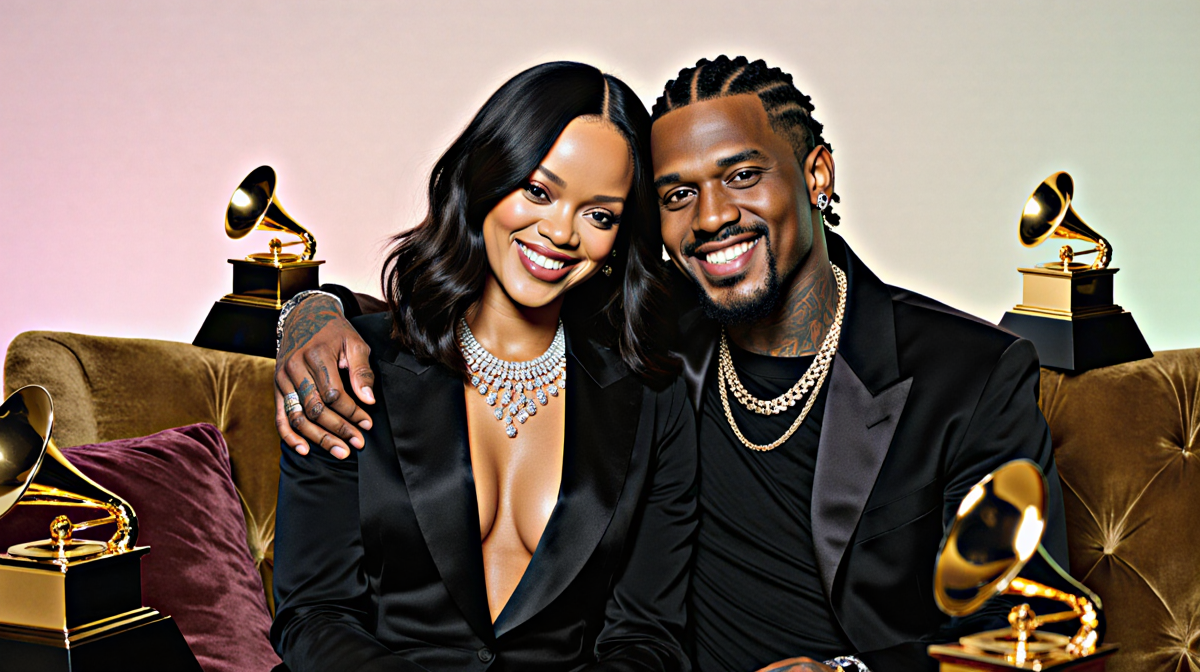 Rihanna sits on plush couch with A$AP Rocky arm around her and Grammy awards beside champagne bottles in pastel background