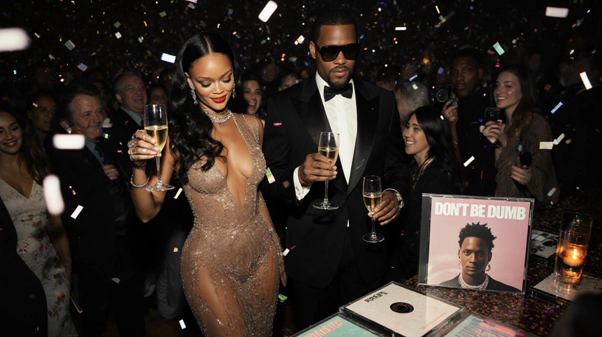 Rihanna and A$AP Rocky clinking champagne glasses with Don't Be Dumb album cover on nearby table and party crowd behind