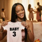 Rihanna holding up a baby onesie with pink balloons and toys around her with family playing in the background