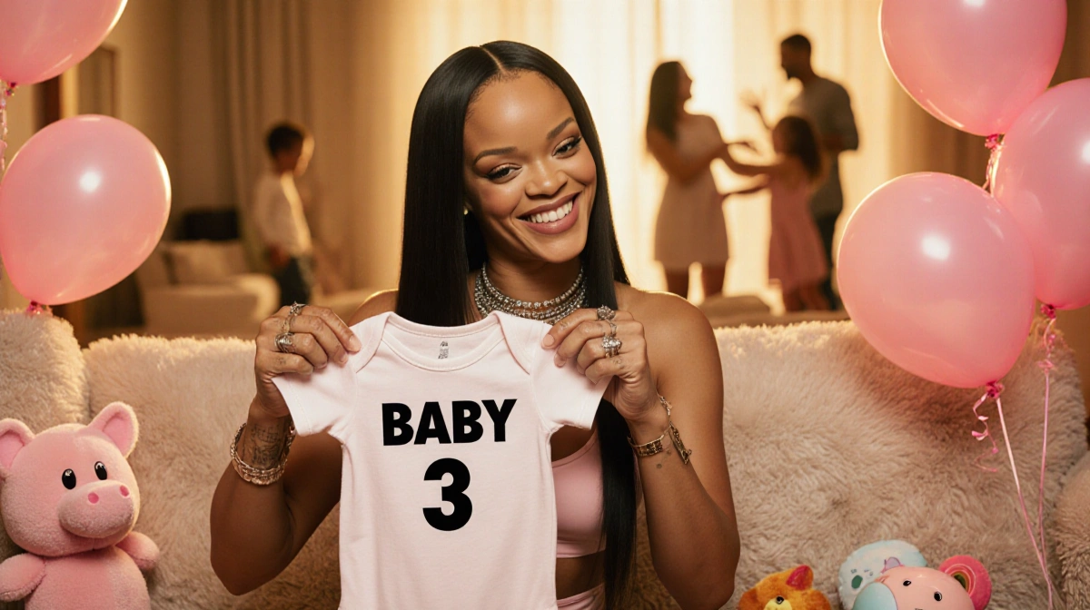 Rihanna holding up a baby onesie with pink balloons and toys around her with family playing in the background