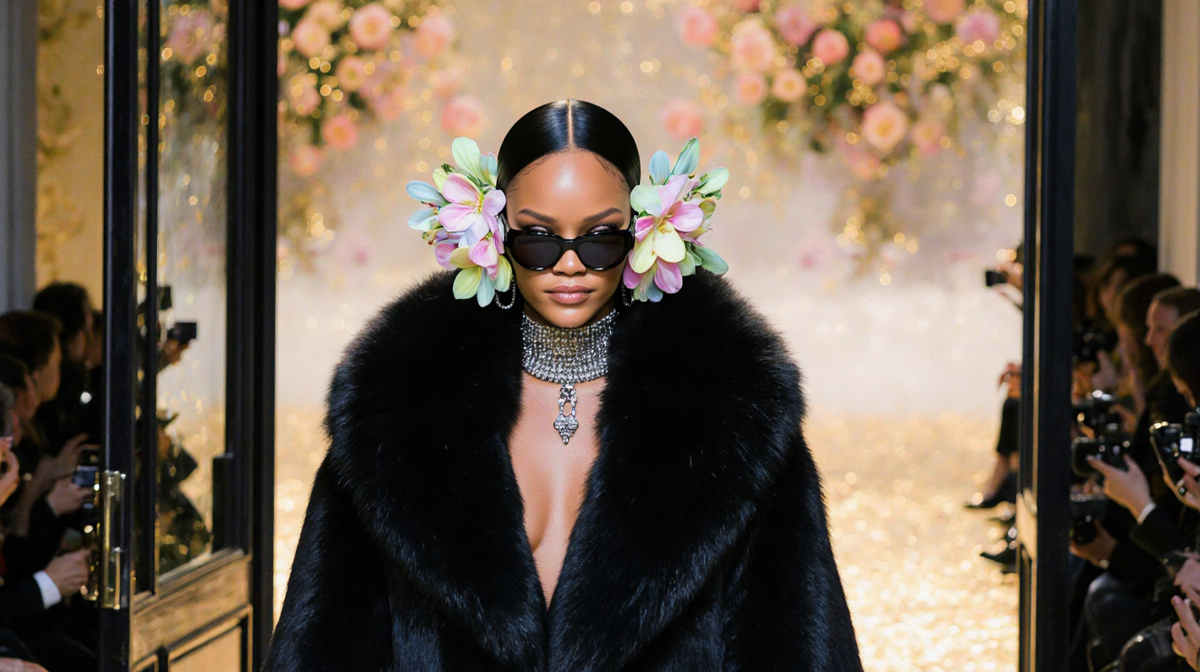 Rihanna walking out of Paris Fashion Week with a fur stole and flower earmuffs glowing in golden light