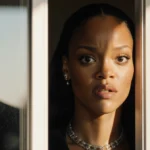 Rihanna stepping through doorway with surprised expression and bodyguard reflection showing urgency