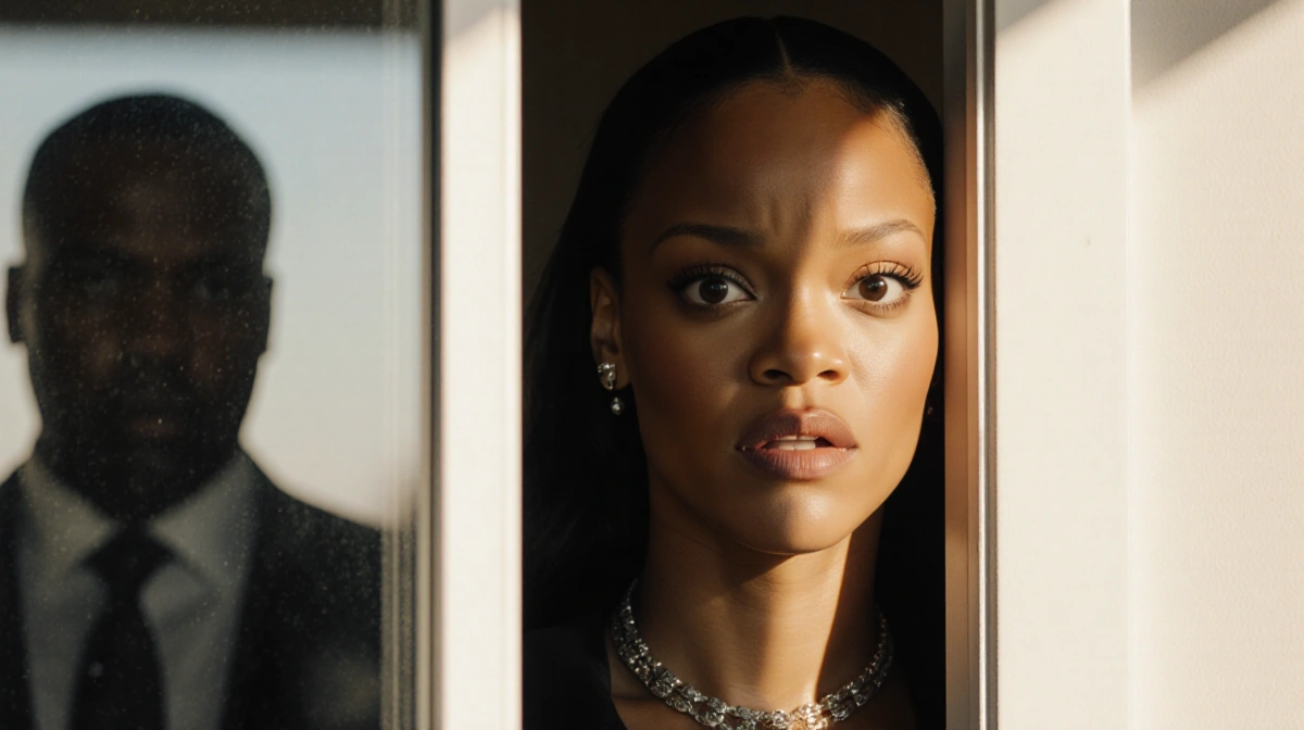 Rihanna stepping through doorway with surprised expression and bodyguard reflection showing urgency