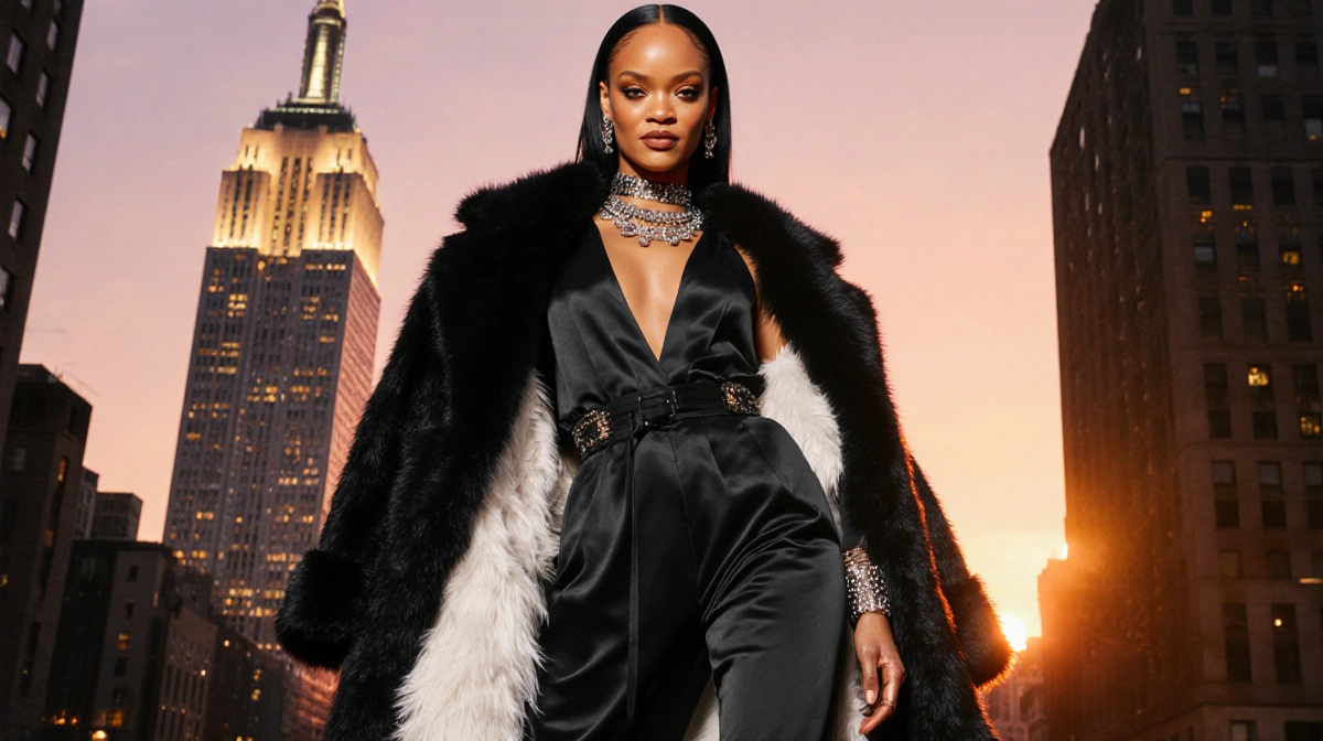 Rihanna posing on red carpet with Prada coat and black jumpsuit glowing in sunset light
