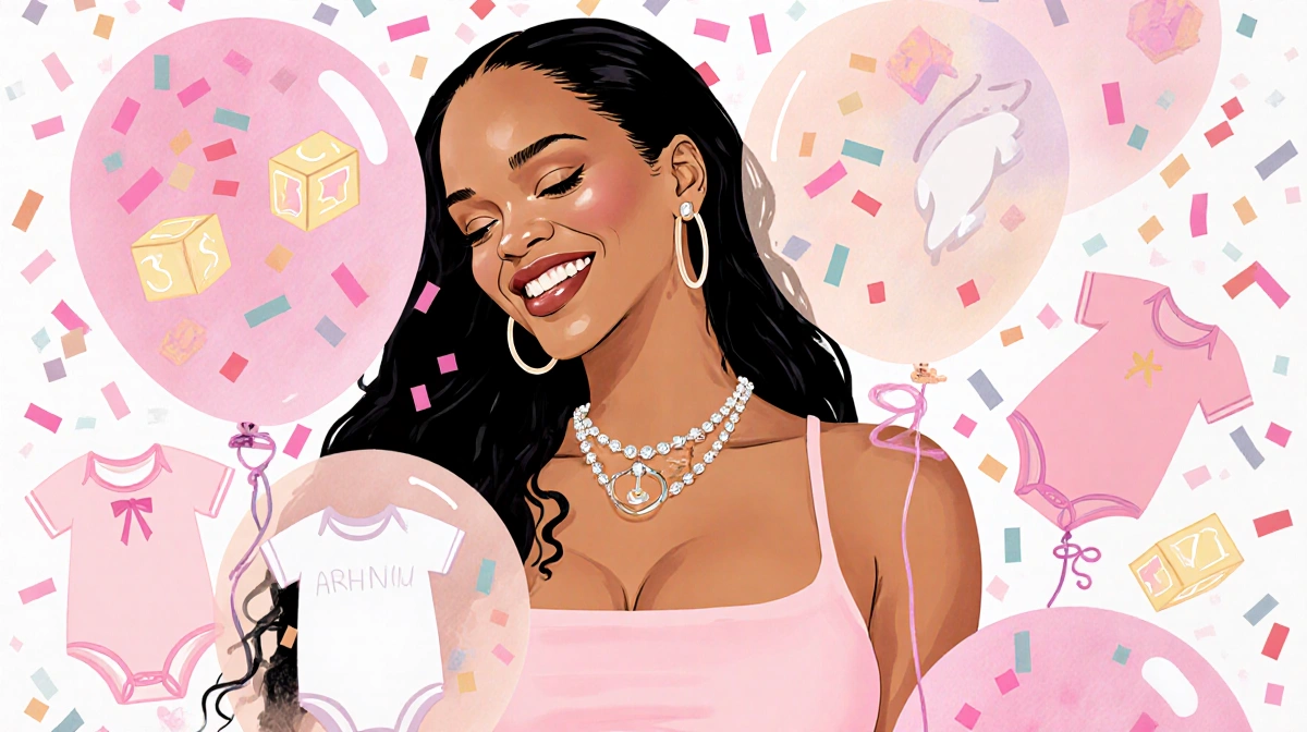 Rihanna celebrating with pastel balloons and baby-themed confetti showing pregnancy excitement and girly energy