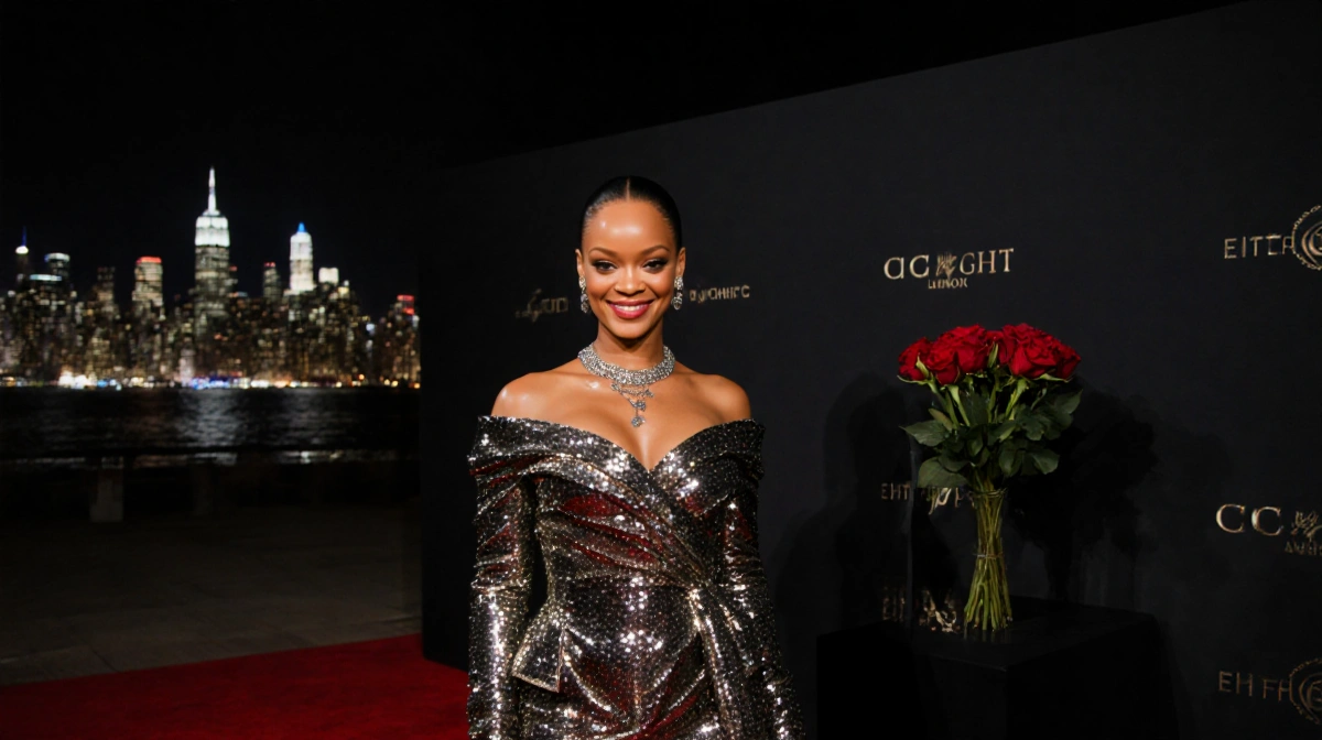 Rihanna smiles confidently on red carpet with metallic outfit glowing under city lights and roses beside her
