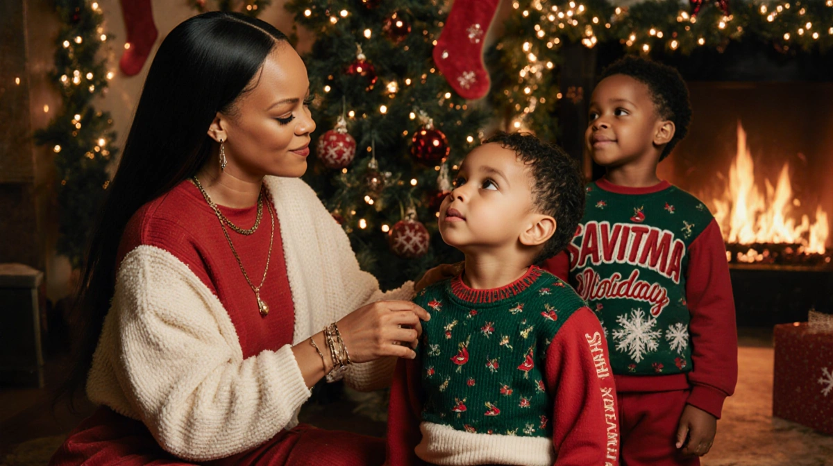 Rihanna posing with her sons in matching holiday outfits for Savage x Fenty campaign with festive decorations glowing
