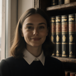 Rima Horton standing in front of a vintage bookshelf with seven Harry Potter hardcover books glowing softly