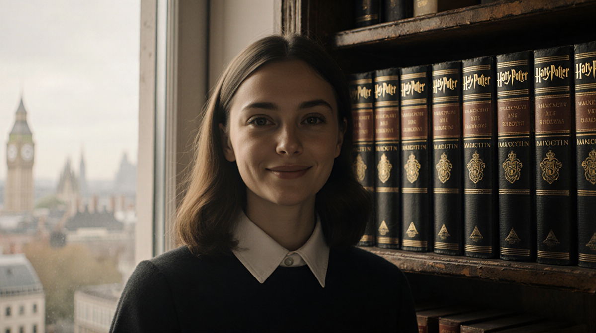 Rima Horton standing in front of a vintage bookshelf with seven Harry Potter hardcover books glowing softly