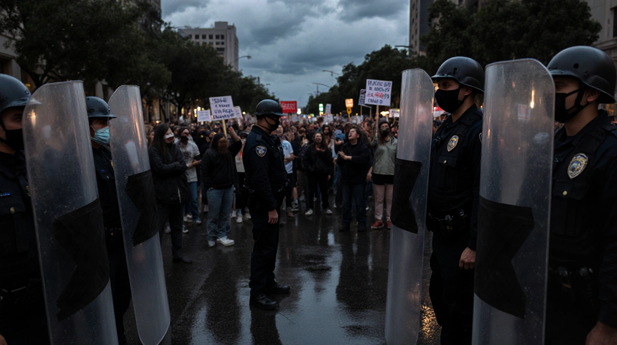 Riot shields stand with black tape covering pepper spray compartments near police uniforms and protesters with signs on rainy