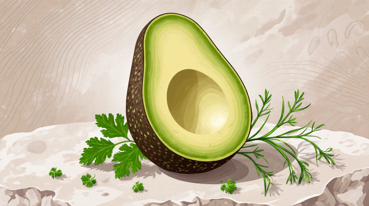 Ripe avocado half sits on stone with fresh herbs and soft light highlighting creamy green flesh