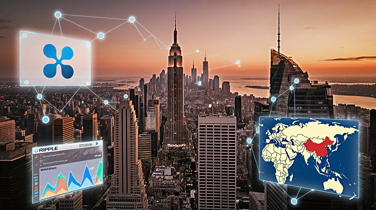 Screens display Ripple logo and cryptocurrency charts with skyline and sunset lighting in financial district