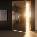 Luxury bank vault door opening with golden light and financial data screens showing Ripple license success