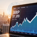 Cryptocurrency exchange screen shows XRP price at $1.89 with a subtle ripple and a sunset cityscape background